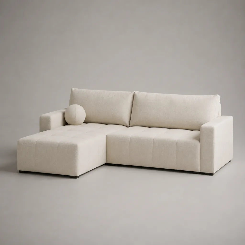 Ecksofa mit Ottomane links, 3-Sitzer, Polyester-Chenille, Creme, 240 × 160 × 85 cm