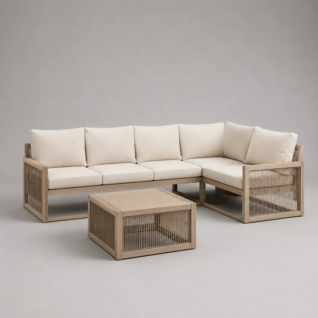 Garten-Lounge-Set, 3-teilig, L-förmig, aus massivem Akazienholz mit Seilgeflecht und beigen Polstern, 260 × 184 × 76 cm