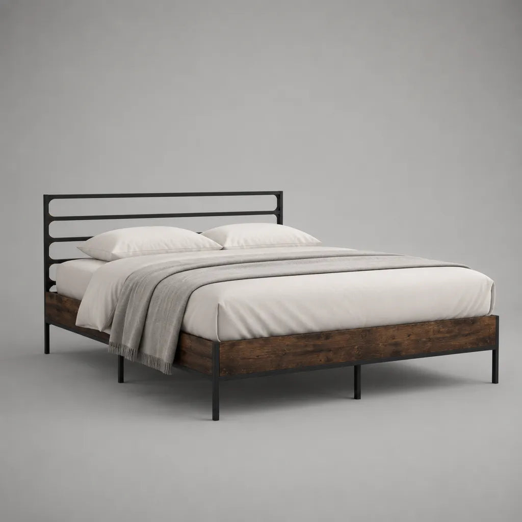 Doppelbett-Bettgestell 160 × 200 cm aus Stahl und MDF, Dunkelbraun/Schwarz