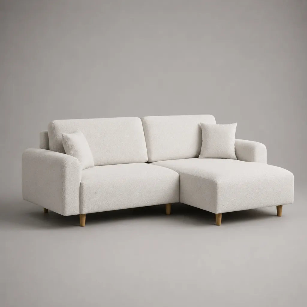 Ecksofa mit Recamiere rechts, 3-Sitzer aus Polyester-Bouclé, Cremeweiß, 220 × 145 × 85 cm