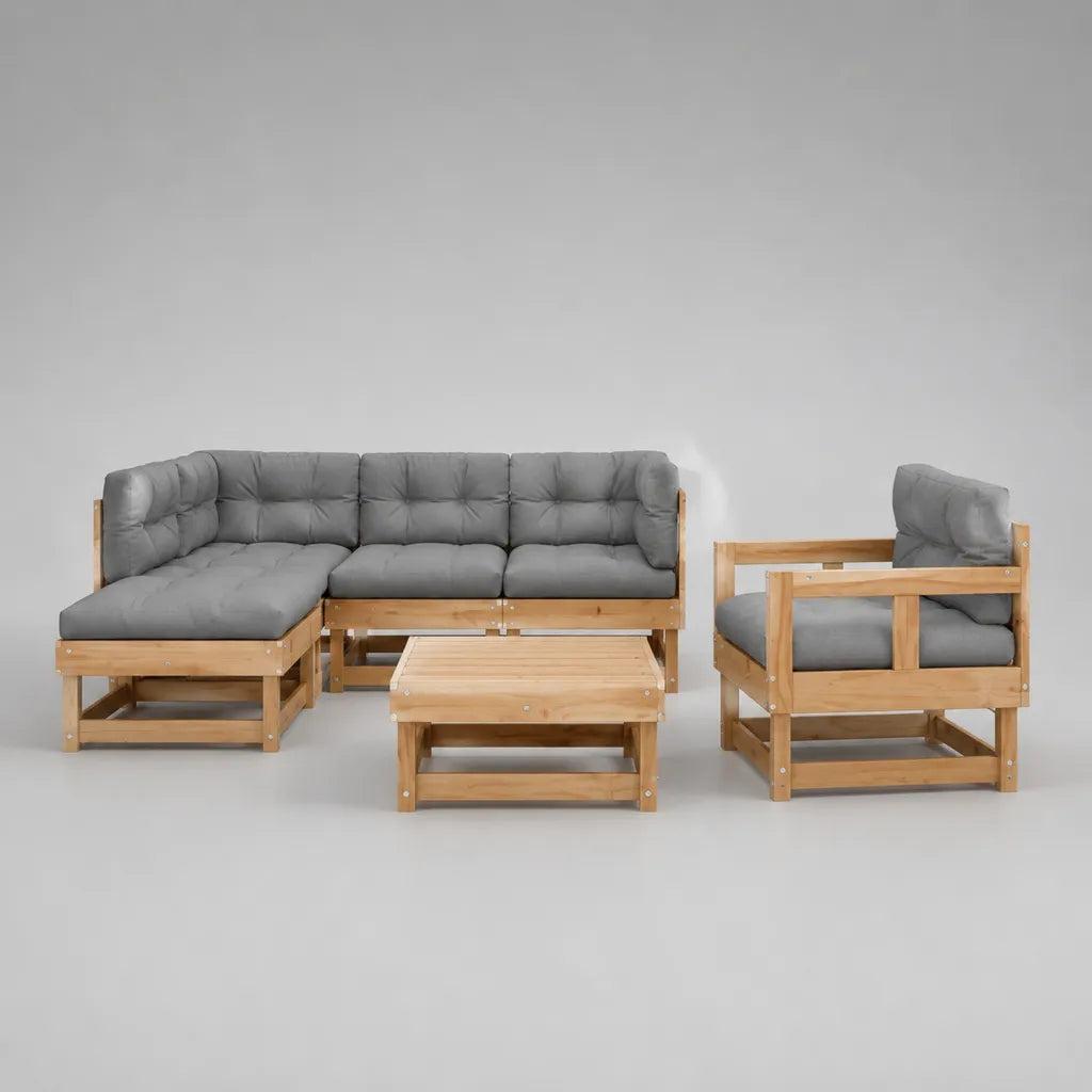 3-teiliges Gartenlounge-Set aus massivem Kiefernholz mit L-Sofa, Sessel und Tisch, Natur/Grau, Sofa 220 x 150 x 75 cm