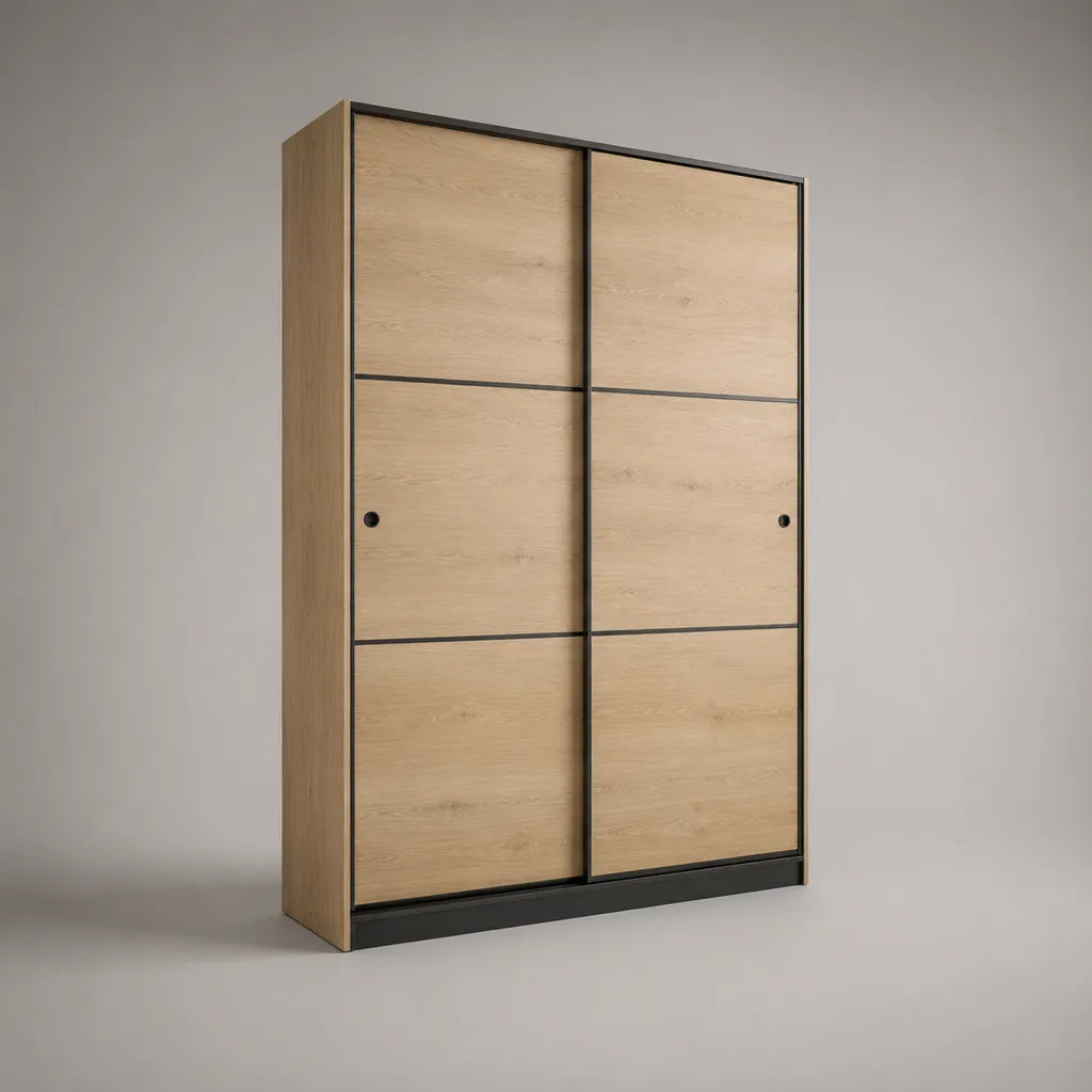 Kleiderschrank mit 2 Schiebetüren aus melaminbeschichteter Spanplatte, Eiche hell und Schwarz, 120 × 60 × 200 cm