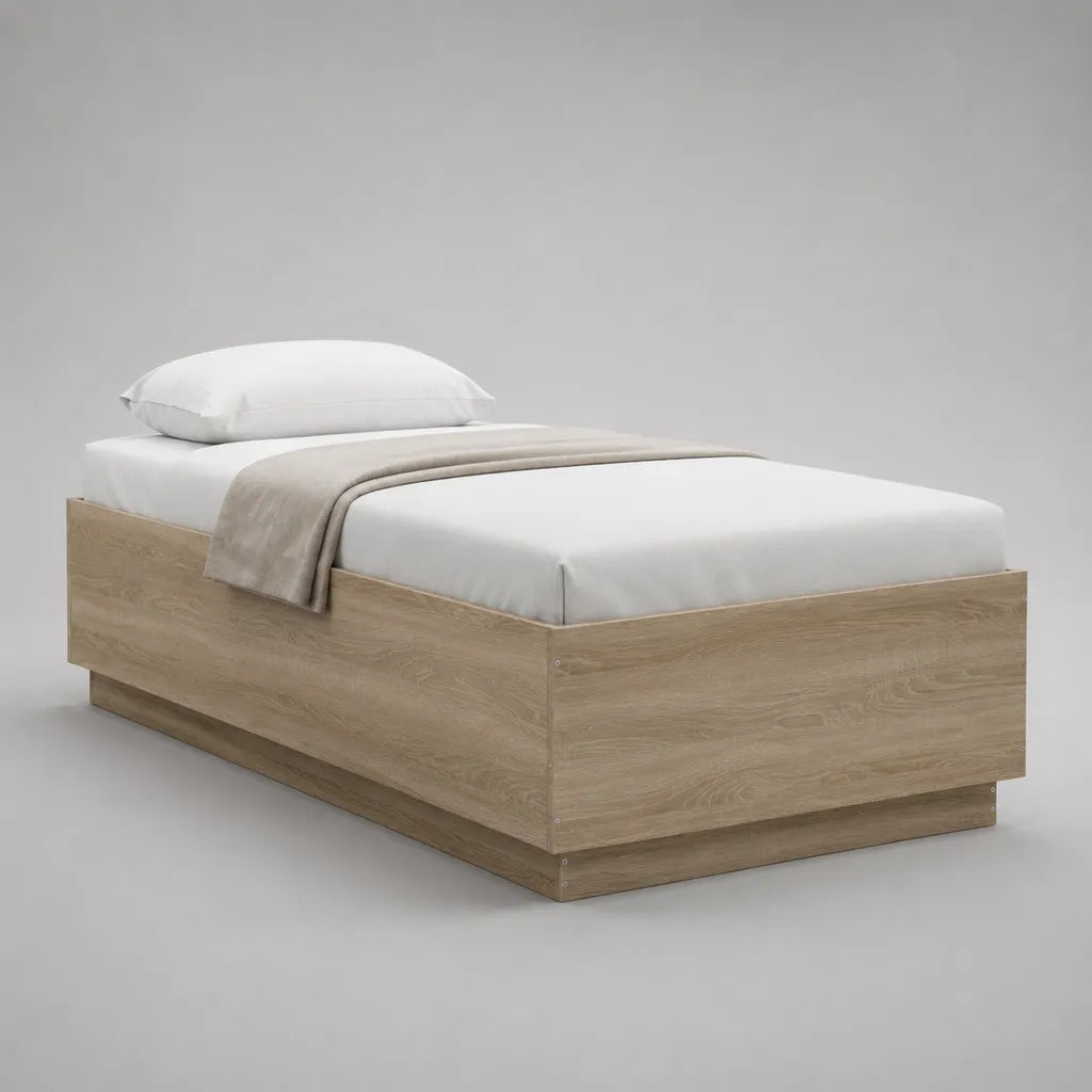 Einzelbettgestell aus melaminharzbeschichteter Spanplatte, helle Eiche, Liegefläche 90 × 200 cm