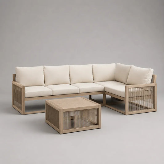 Garten-Lounge-Set, 3-teilig, L-förmig, aus massivem Akazienholz mit Seilgeflecht und beigen Polstern, 260 × 184 × 76 cm