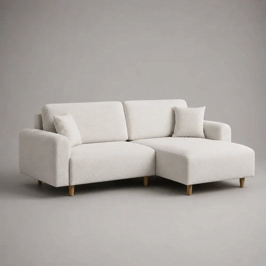 Ecksofa mit Recamiere rechts, 3-Sitzer aus Polyester-Bouclé, Cremeweiß, 220 × 145 × 85 cm