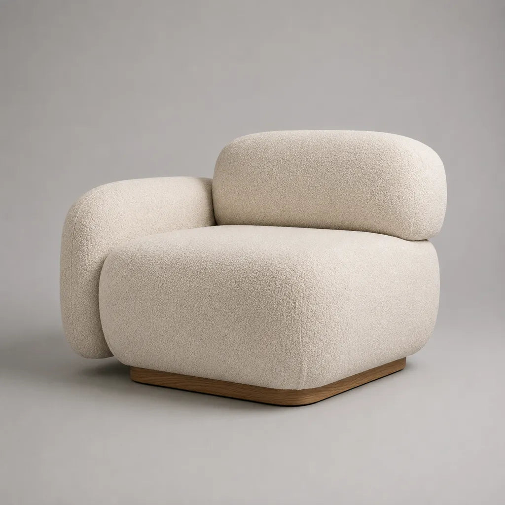 Loungesessel Polstersessel mit abgerundeter Form, Creme/Naturbraun, 105 x 98 x 78 cm, Polyester-Bouclé und Holz