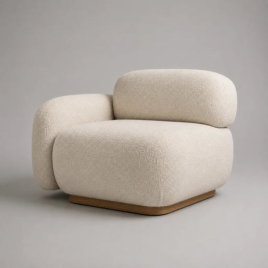 Loungesessel Polstersessel mit abgerundeter Form, Creme/Naturbraun, 105 x 98 x 78 cm, Polyester-Bouclé und Holz