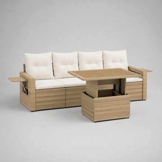 4-teiliges Gartensofa-Set aus massivem Akazienholz mit Tisch, 2 Hockern und Auflagen, Natur/Creme, Sofa 252 × 75 × 78 cm