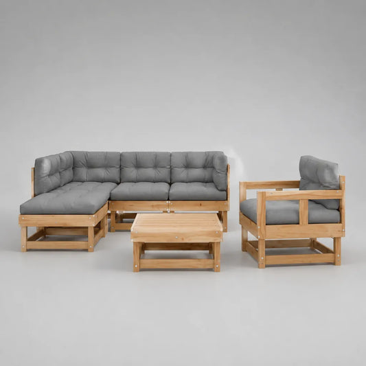 3-teiliges Gartenlounge-Set aus massivem Kiefernholz mit L-Sofa, Sessel und Tisch, Natur/Grau, Sofa 220 x 150 x 75 cm