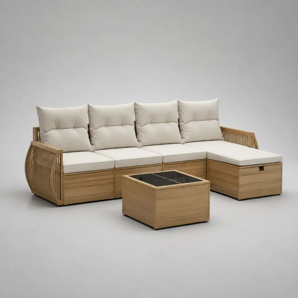 2-teiliges Gartensofa-Set aus Akazienmassivholz mit Polsterauflagen und Couchtisch, L-Form rechts, Natur/Creme/Schwarz, Sofa 277 x 170 x 85 cm