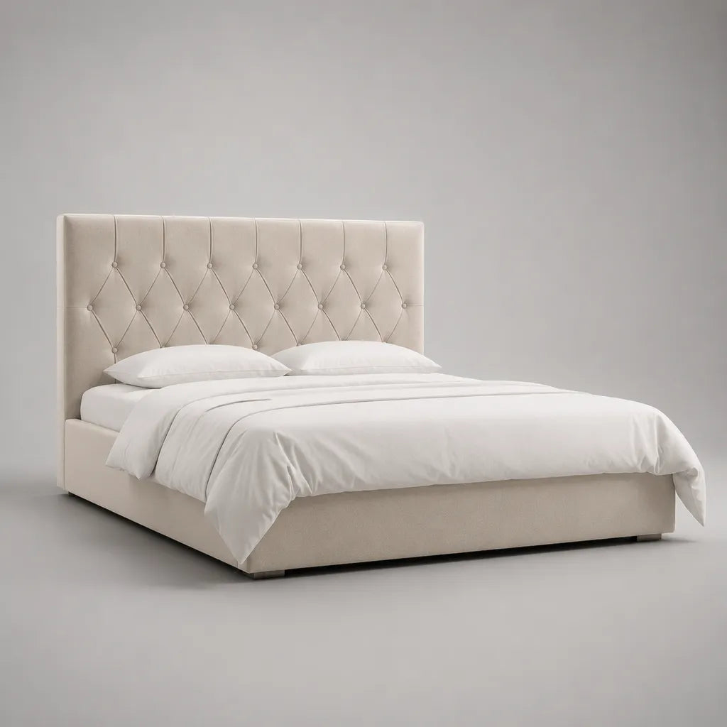 Polsterbett Doppelbett mit Knopfheftung, Beige, Liegefläche 160 x 200 cm, Gesamtmaß 217 x 174 x 120 cm