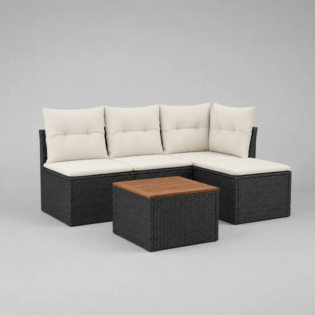 2-teiliges Gartensofa-Set, L-förmiges Ecksofa aus PE-Rattan mit Akazienholztisch, Schwarz/Cremeweiß/Braun, Sofa 202 × 134 × 63 cm, Tisch 65 × 65 × 40 cm