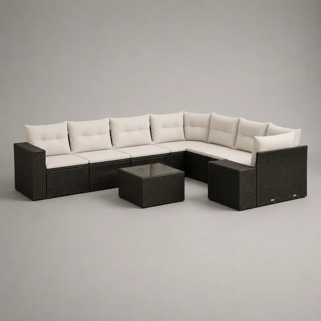 8-teiliges Gartensofa-Lounge-Set aus PE-Rattan und Stahl mit Polyesterpolstern, Hocker und Glastisch, L-Form, Schwarz/Cremeweiß/Rauchgrau, 264 × 202 × 73 cm