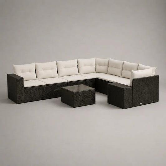 8-teiliges Gartensofa-Lounge-Set aus PE-Rattan und Stahl mit Polyesterpolstern, Hocker und Glastisch, L-Form, Schwarz/Cremeweiß/Rauchgrau, 264 × 202 × 73 cm