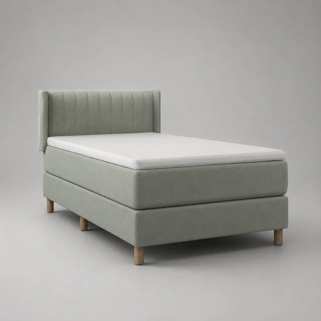 Boxspringbett-Komplettset mit Matratze, Topper und Kopfteil, Stoff, Hellgrün, Liegefläche 140 × 200 cm