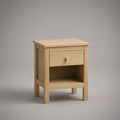 Nachttisch mit Schublade und offenem Ablagefach aus MDF mit Eichenfurnier und Massivholzbeinen, Eiche Natur, 45 × 35 × 60 cm