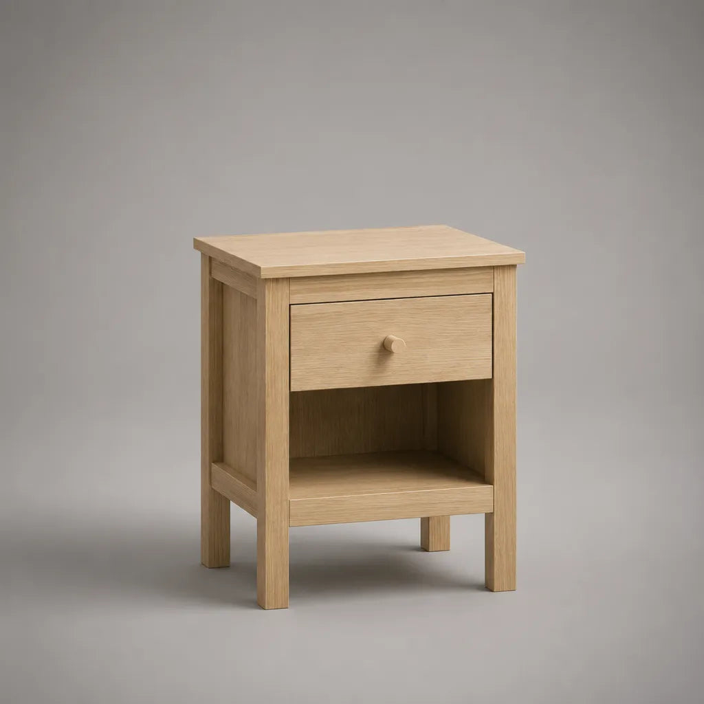 Nachttisch mit Schublade und offenem Ablagefach aus MDF mit Eichenfurnier und Massivholzbeinen, Eiche Natur, 45 × 35 × 60 cm
