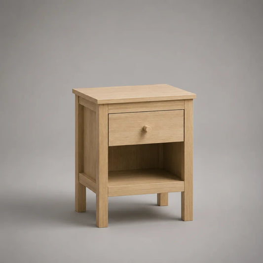 Nachttisch mit Schublade und offenem Ablagefach aus MDF mit Eichenfurnier und Massivholzbeinen, Eiche Natur, 45 × 35 × 60 cm