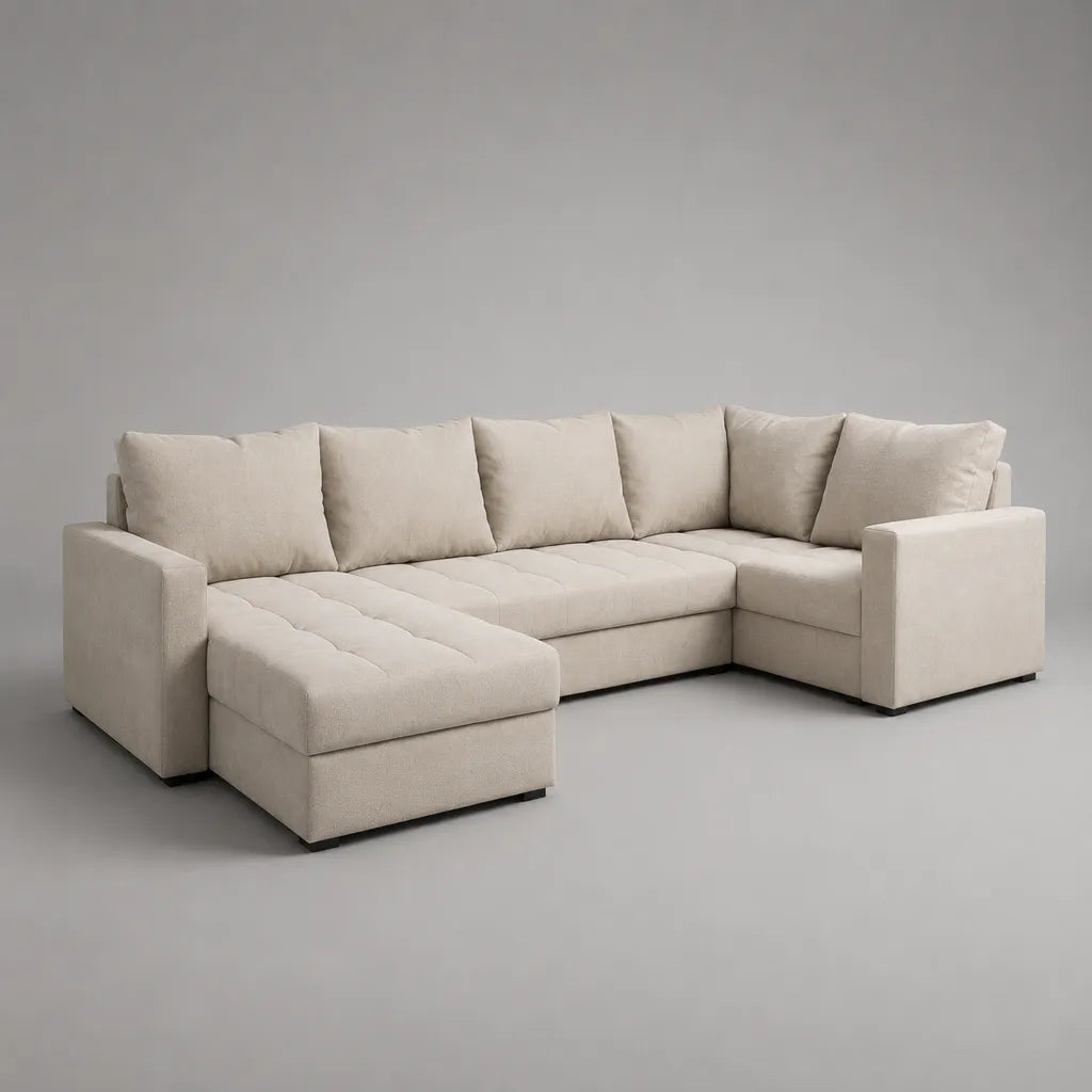 U-Sofa Wohnlandschaft, 6-Sitzer aus Polyester-Chenille, U-Form, Cremeweiß/Schwarz, 320 × 160 × 85 cm