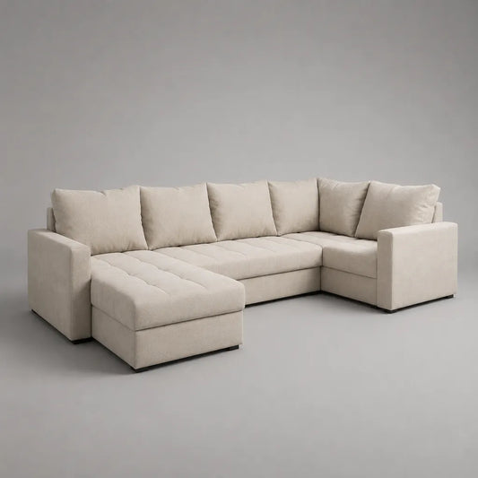 U-Sofa Wohnlandschaft, 6-Sitzer aus Polyester-Chenille, U-Form, Cremeweiß/Schwarz, 320 × 160 × 85 cm