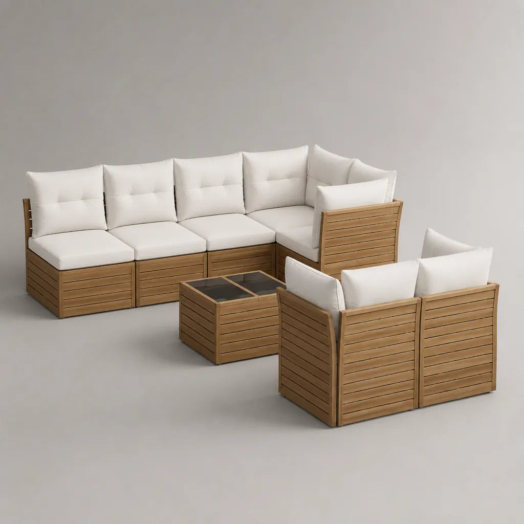 7-teiliges Gartensofa-Set aus Akazien-Massivholz mit Polyesterauflagen, Braun, Cremeweiß und Anthrazit, Sitzelemente 70 × 70 × 70 cm, Tisch 70 × 70 × 35 cm