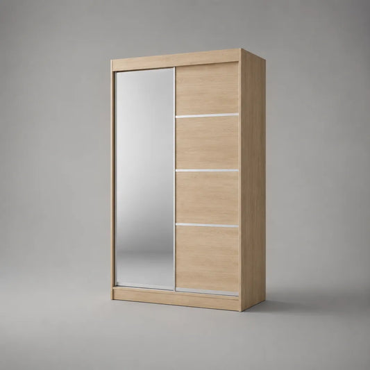 2-türiger Schwebetürenschrank mit Spiegel aus melaminharzbeschichteter Spanplatte, Eiche natur/Silber, 120 x 60 x 200 cm
