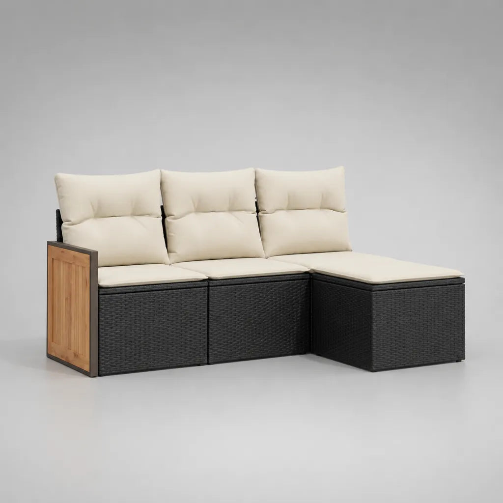 Gartensofa-Set, 3-Sitzer mit Ottomane, PE-Rattan, Stahl und Holz, L-Form, Schwarz, Creme und Natur, 210 × 140 × 85 cm