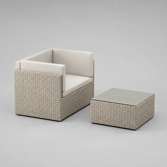 2-teiliges Gartenmöbel-Set aus PE-Rattan mit Gartensessel und Beistelltisch, Beige und Cremeweiß, Sessel 75 × 70 × 70 cm, Tisch 60 × 60 × 35 cm